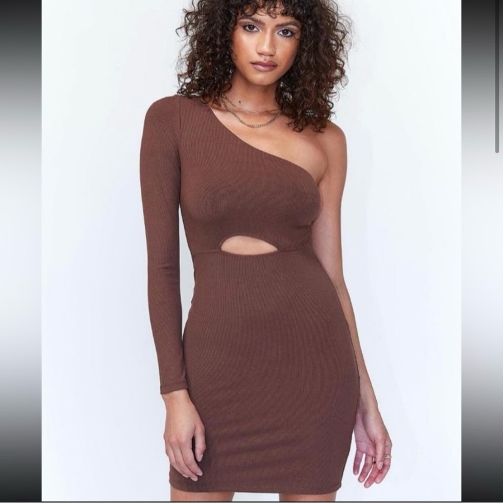 NWT Princess Polly Brown One Shoulder Long Sleeve Keyhole Haya Mini Dress Size 8